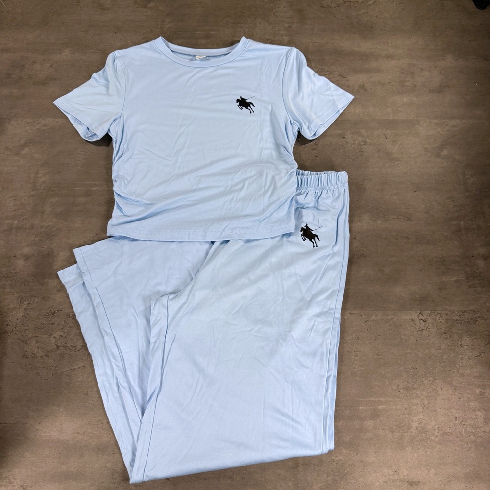 Pajama Set Kids 16Y Light Blue Short Sleeve Shirt Long Pants Graphic NWOT